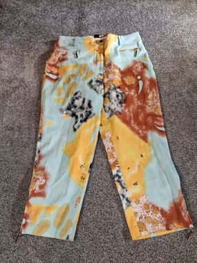 Jamie Sadock Abstract Watercolor Print Pants with Mint and Mustard Accents